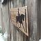 Custom horse competition stable sign with Dressage horse image, Dark Walnut wood stain, and font choice . Hung with a black suede cord